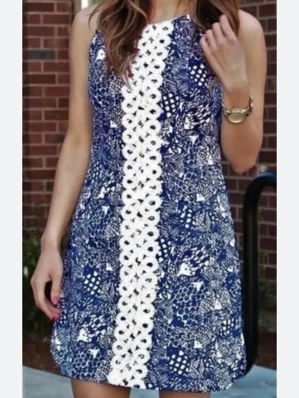 NWT Lilly Pulitzer Blue and White Crochet-Trim Shift Mini Dress Size 14